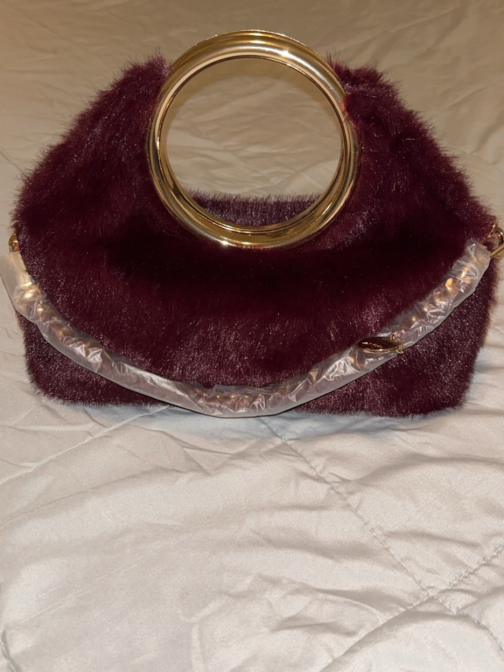 Aldo Faux Fur Circle-Handle Clutch in Burgundy with Gold Hardware